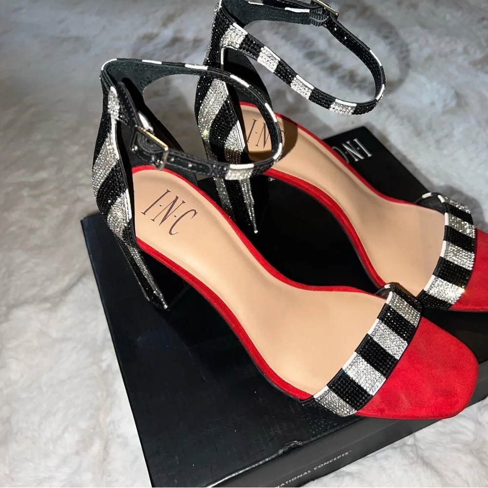 INC International Concepts Red and Black Strappy Heeled Sandals - Picture 3 of 6